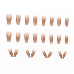 24-piece gradient nude brown coffin press-on nails with long ballet glossy finish