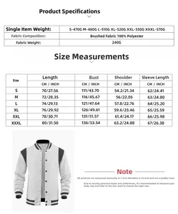 Detailed size chart for men's varsity jacket with precise CM and Inch measurements
