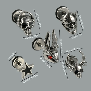 Lot de boucles d'oreilles punk en acier inoxydable avec motifs de crâne et d'étoile et tailles
