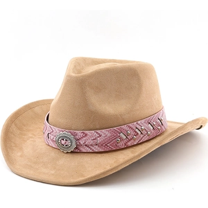 Western Cowboy Hat Faux Suede Wide Brim Fedora With Decorative Rivet Belt Bohemian Style For Men Women