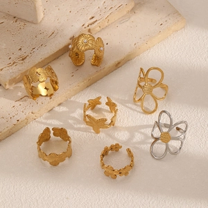 Adjustable hollow flower and butterfly titanium steel rings in gold and silver finish