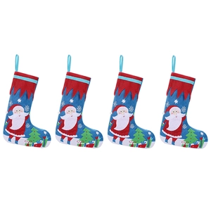Set of 4 blue Christmas stockings with Santa and festive patterns on a white background