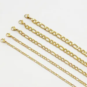 Gold stainless steel Figaro chain bracelets for men in five varying widths with lobster clasp