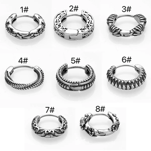 Men's silver stainless steel hoop earrings with punk gothic engraved patterns
