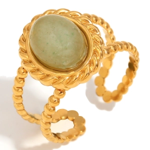 Vintage 18K gold plated double layer open ring with green aventurine gemstone
