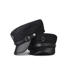 Classic black nautical sailor cap with leather brim and anchor emblem decoration