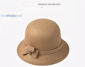 Detail of khaki wool cloche hat for women featuring a side bow decoration and soft texture