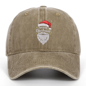 Detail of Santa Claus and MERRY Christmas embroidery on washed khaki cotton baseball cap