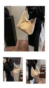 Detail of camel shearling tote bag with suede patchwork and white faux fur shoulder strap