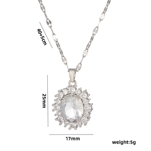 Elegant oval crystal zircon pendant necklace with silver chain shown in a clear front view