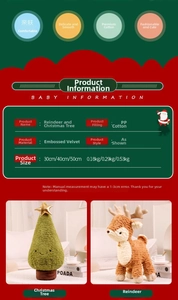Detail of embossed velvet texture and PP cotton filling on reindeer and Christmas tree plush