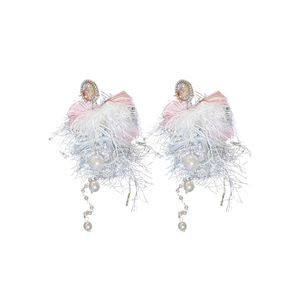 Bow pearl earrings with iridescent stones and white feathers on a clean white background