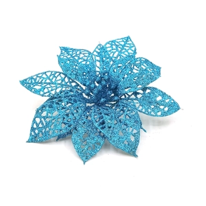 Detailed close-up of blue glitter poinsettia flower with hollow woven texture for Christmas