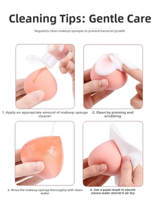 Macro detail of cleaning process for peach-shaped makeup sponge showing washing steps