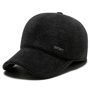 Men's winter wool baseball cap with ear flaps in dark grey, warm sport style