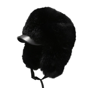 Thick black faux fur Russian Ushanka trapper hat with leather brim and side straps