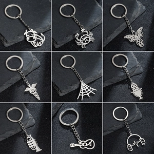 Minimalist Stainless Steel Keychain Spider Web Microphone Guitar Heartbeat Trumpet Pendant Fashion Metal Key Ring Gift