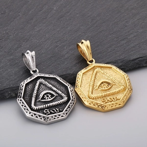 Octagonal steel pendants with Eye of Providence relief in gold and silver finish