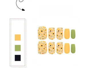 Detailed palette of yellow and green press-on nails with delicate floral patterns