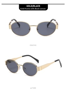 Detailed front and 45-degree side views of gold oval sunglasses with black lenses