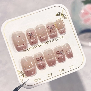 Faux Ongles À Presser French Cat Eye Roses Avec Nœud Rouge Et Künstliche Perle Artificielle Design À Pois En Plastique