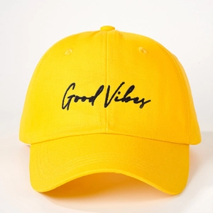 Yellow baseball cap with Good Vibes embroidery, breathable outdoor sun hat for men and women