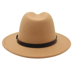 Detail view of camel wool fedora hat with wide brim and brown leather decorative band