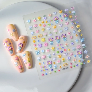 Autocollants 5D à fleurs en relief avec motifs de fleurs macaron et cœurs pour ongles