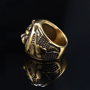 Macro shot of vintage lion head ring in antique gold finish with detailed side textures