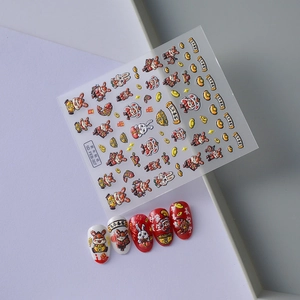 5D embossed Chinese New Year nail stickers featuring lucky rabbits and gold ingots