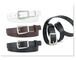 Classic PU leather belts in white, brown, and black with polished silver pin buckles