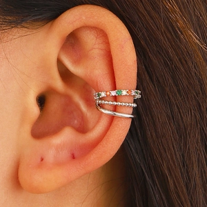 Three-layer silver ear cuff with colorful zircons and beaded chain design for women