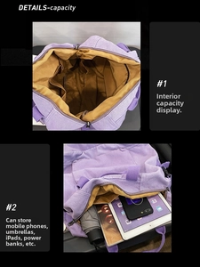 Detail view of large capacity purple canvas bag interior with functional organizer pockets
