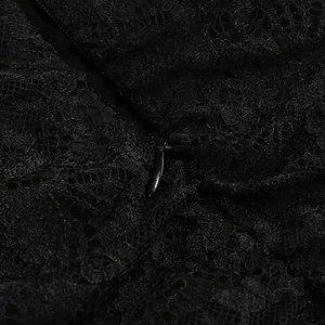 Close-up of black lace texture and high-quality invisible zipper on the back of the dress