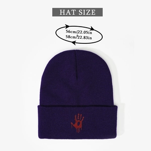 Size guide for purple beanie with red bloody hand embroidery showing 56-58cm head girth
