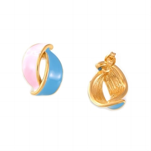 Retro C-shape wave earrings with pink and blue enamel glaze on gold metal base
