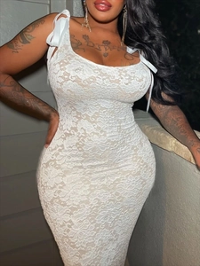 Elegant white lace maxi dress featuring shoulder bow ties and slim silhouette for women
