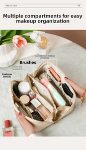 Detail view of large capacity beige makeup bag with multiple elastic compartments