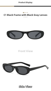 Front and side view of minimalist black oval frame sunglasses with dark gray lenses
