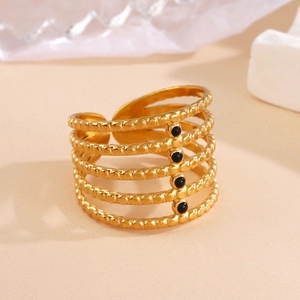 Adjustable gold stainless steel multi-layer ring with black round bead details