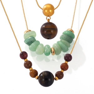 Maillard style tiger eye and natural stone beaded necklace with titanium steel gold chain
