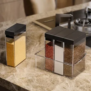 4-piece clear kitchen seasoning box set with black lids and transparent storage tray