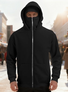 Detail of men's black full-zip hoodie featuring a high-neck ninja style hood and metal zipper