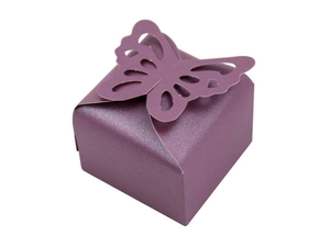 Macro detail of purple pearlescent gift box with elegant laser-cut butterfly closure