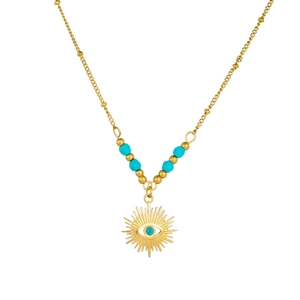Vintage gold-plated stainless steel necklace with turquoise beads and sun eye pendant