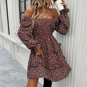 Elegant brown floral off-shoulder mini dress with long sleeves and ruffle hem