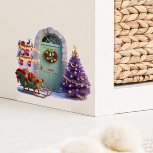 Cozy Christmas wall sticker scene with festive door, decorated tree and red gift sleigh