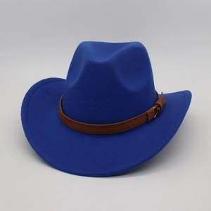 Close-up of royal blue wool felt fedora hat featuring a brown leather belt with buckle