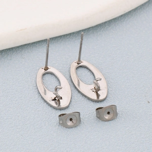 Polished silver stainless steel oval hollow earring studs with butterfly backings