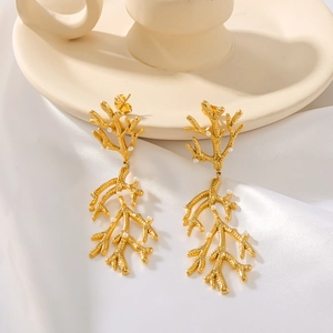 18k gold plated stainless steel coral branch earrings with small white pearls